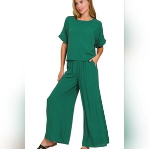 Zenana Round Neck T-Shirt and Wide Leg Pants Set